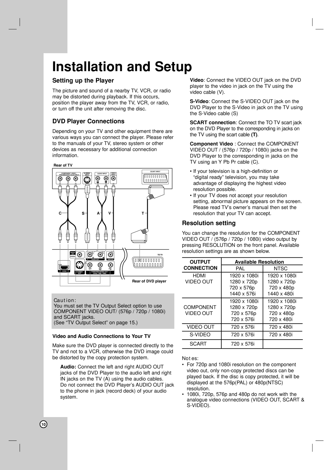 LG Electronics DVX9900H owner manual Setting up the Player, DVD Player Connections, Resolution setting, Output 