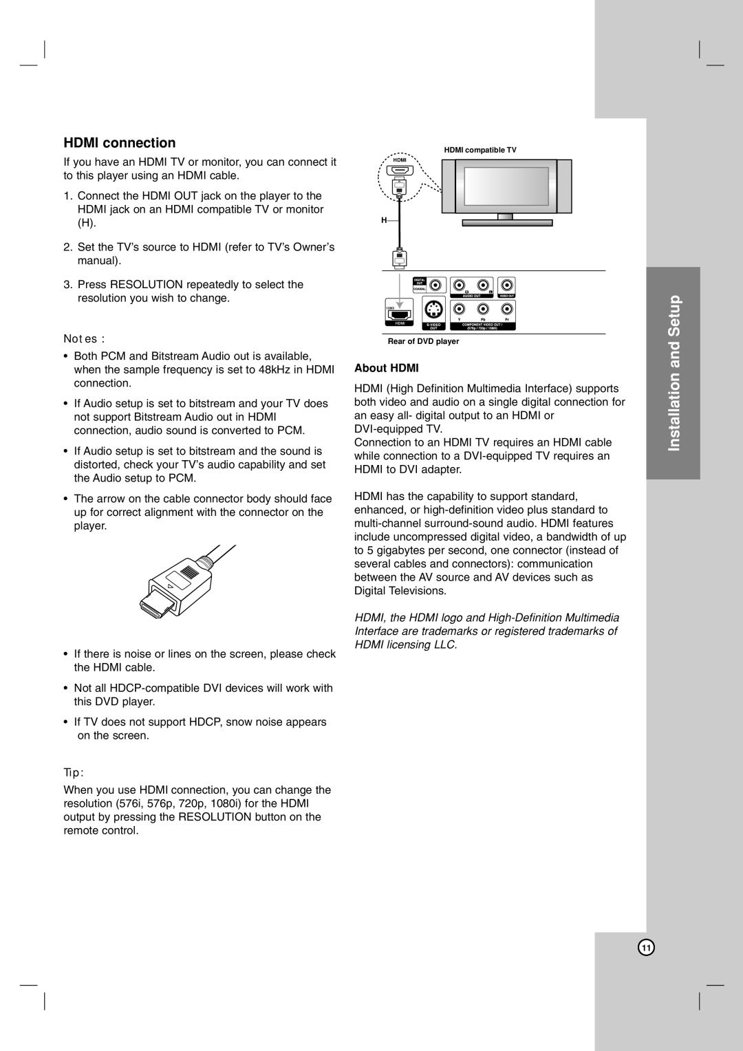 LG Electronics DVX9900H owner manual Installation, Hdmi connection, About Hdmi 