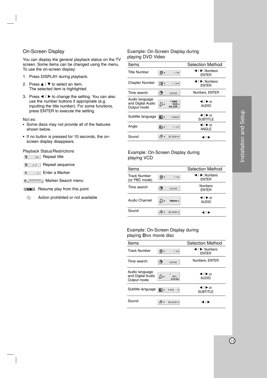 LG Electronics DVX9900H owner manual Installation and Setup, On-Screen Display, Playback Status/Restrictions 