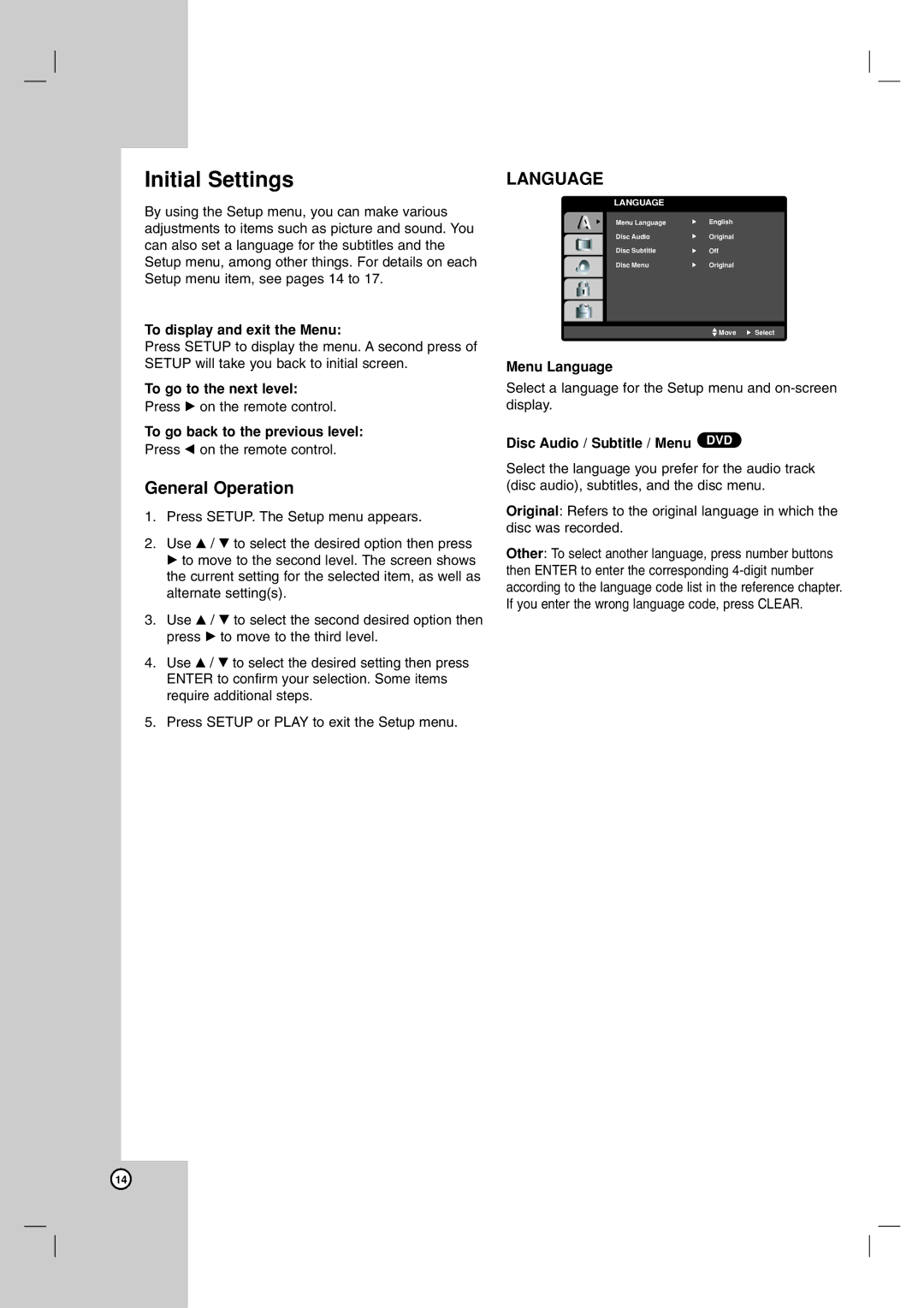 LG Electronics DVX9900H owner manual Initial Settings, General Operation 