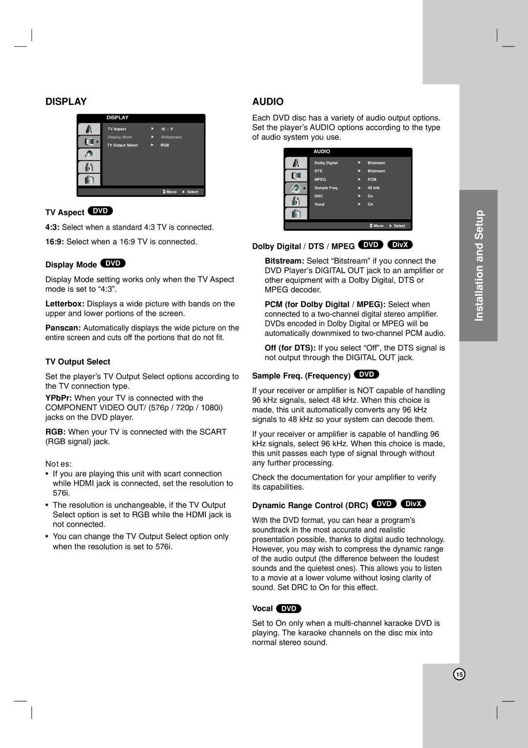 LG Electronics DVX9900H TV Aspect DVD, Display Mode DVD, TV Output Select, Sample Freq. Frequency DVD, Vocal DVD 