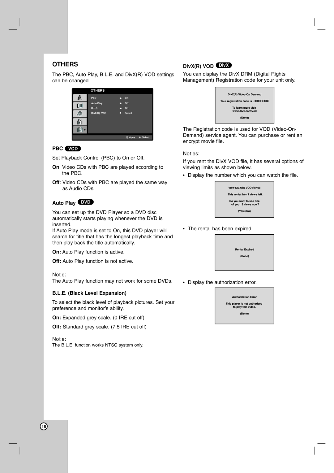 LG Electronics DVX9900H owner manual Pbc Vcd, Auto Play DVD, E. Black Level Expansion, DivXR VOD DivX 