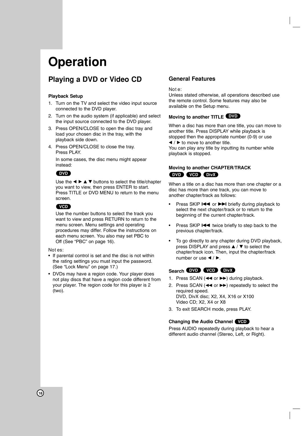 LG Electronics DVX9900H owner manual Playing a DVD or Video CD, General Features 