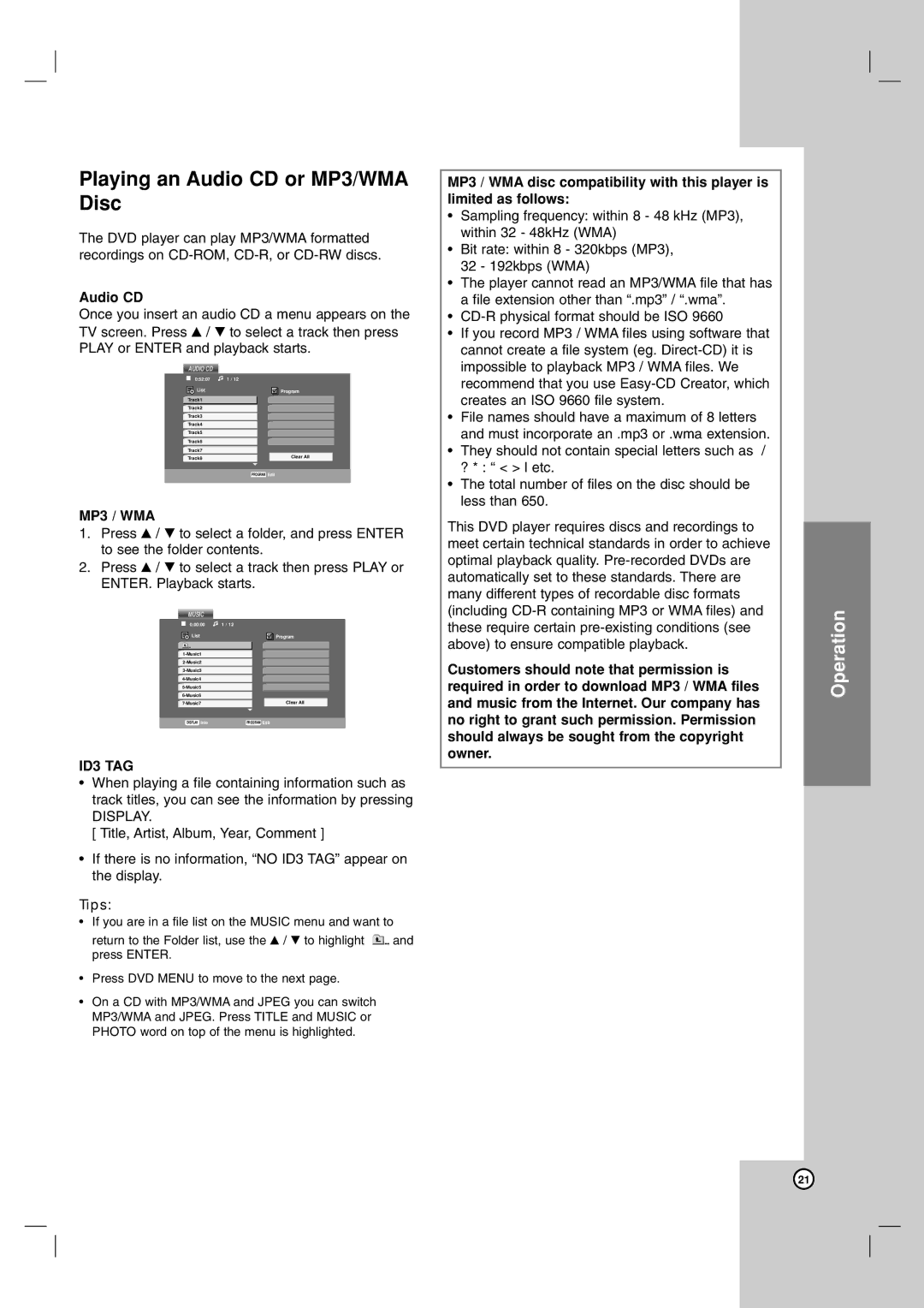 LG Electronics DVX9900H owner manual Audio CD, MP3 / WMA, ID3 TAG 