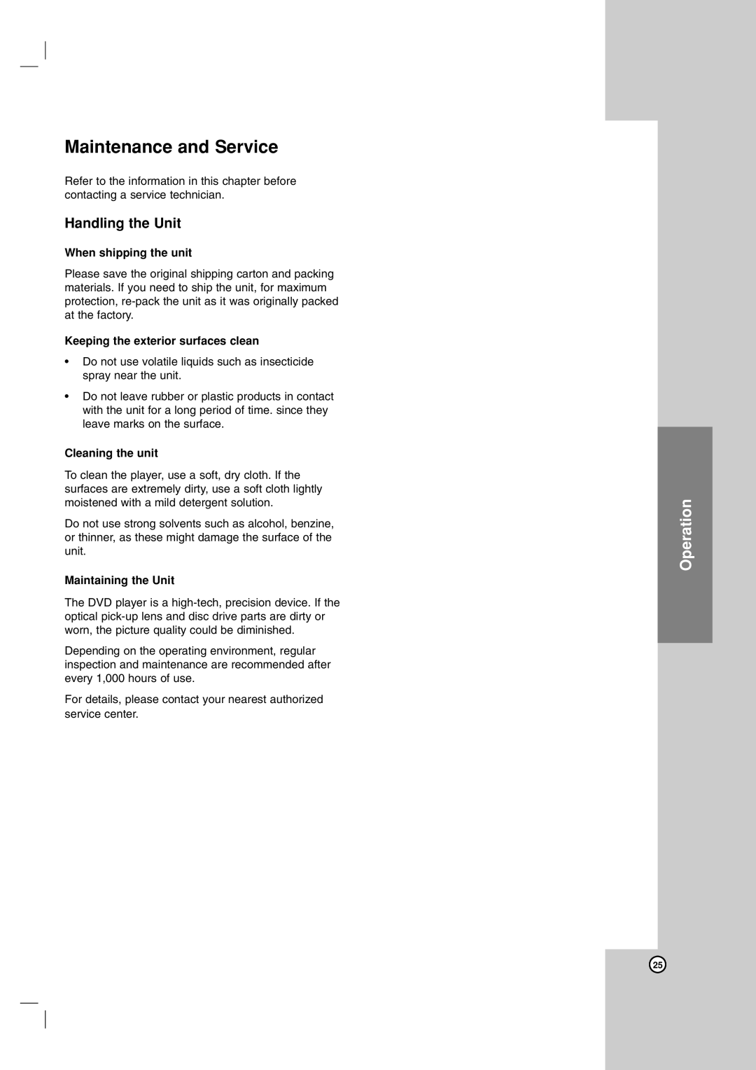 LG Electronics DVX9900H owner manual Maintenance and Service, Handling the Unit 