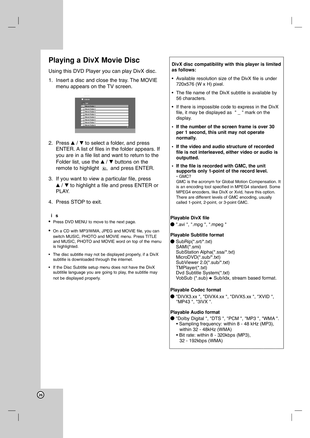 LG Electronics DVX9900H Playing a DivX Movie Disc, Playable DivX file, Playable Subtitle format, Playable Codec format 