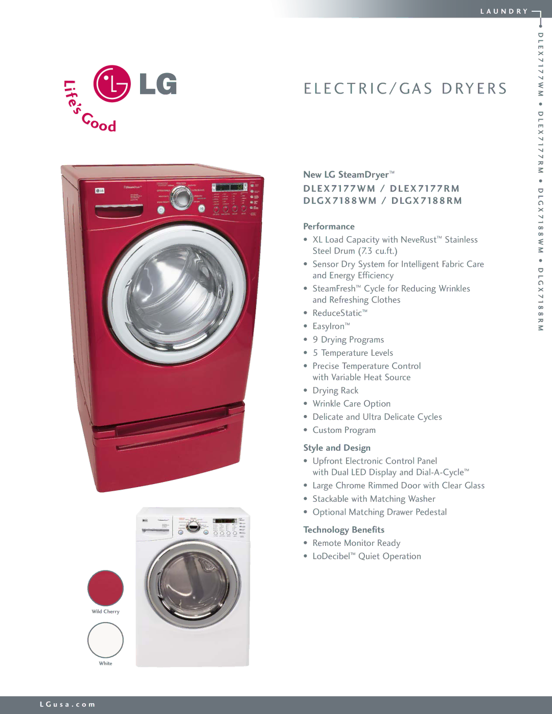 LG Electronics DX7188WM manual New LG SteamDryer, Performance, Style and Design, Technology Benefits 