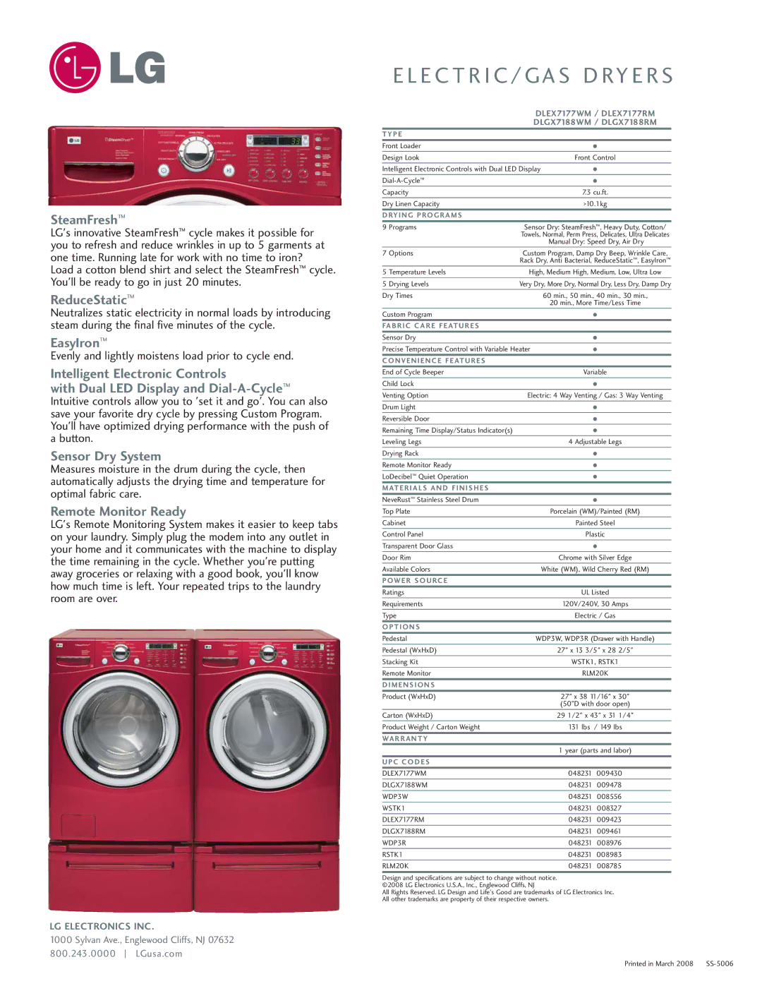 LG Electronics DX7188WM manual SteamFresh, ReduceStatic, EasyIron, Sensor Dry System, Remote Monitor Ready 