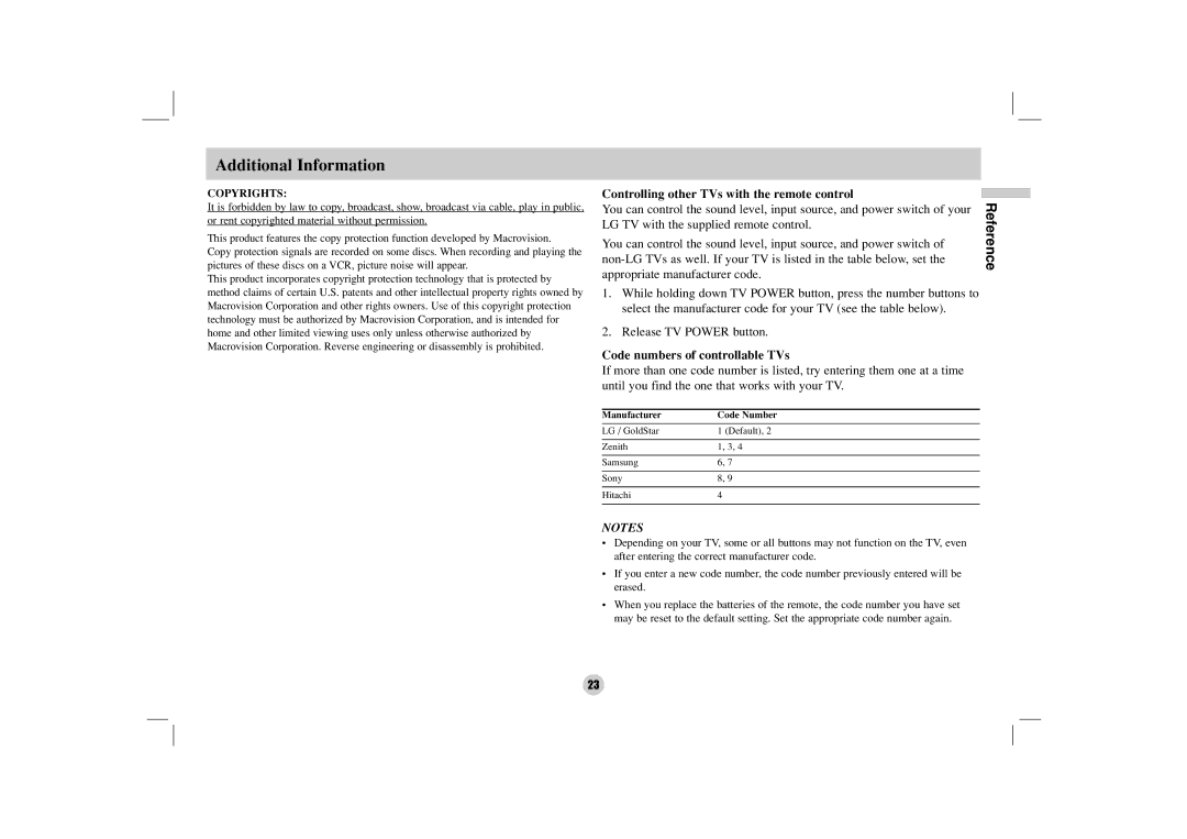 LG Electronics DZ9500 owner manual Additional Information, Controlling other TVs with the remote control 