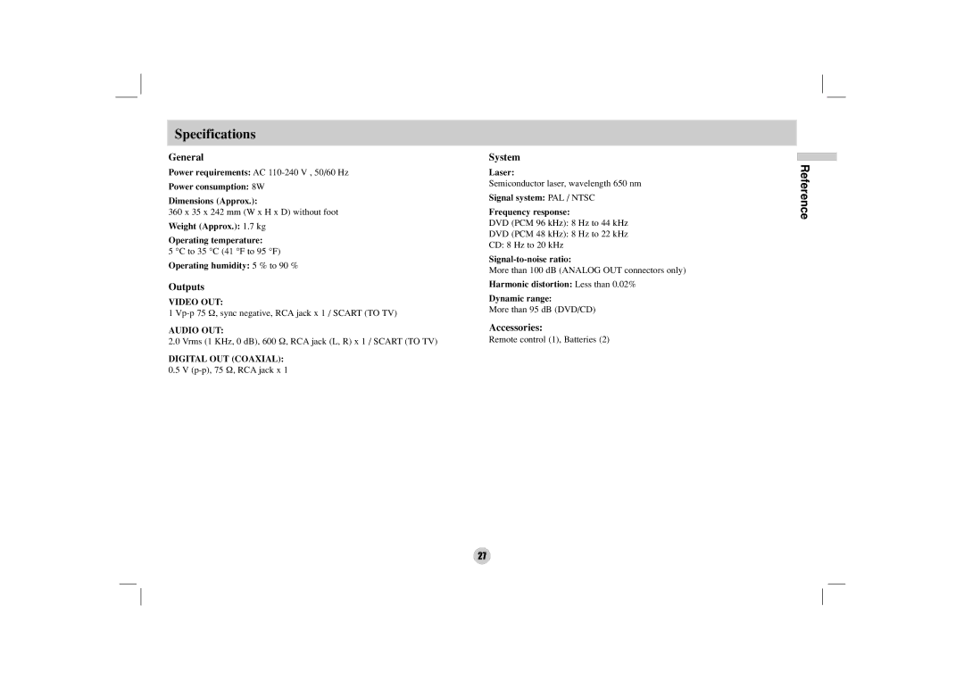 LG Electronics DZ9500 owner manual Specifications, General, Outputs, System, Accessories 