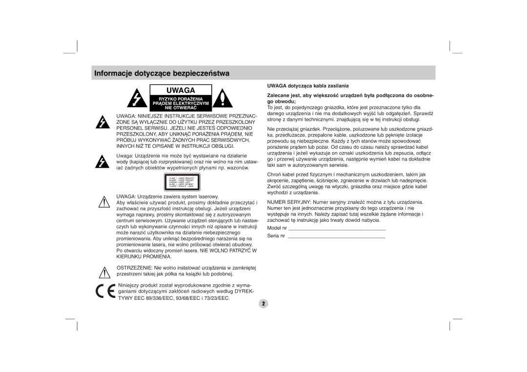 LG Electronics DZ9500 owner manual Informacje dotyczące bezpieczeństwa, Uwaga 