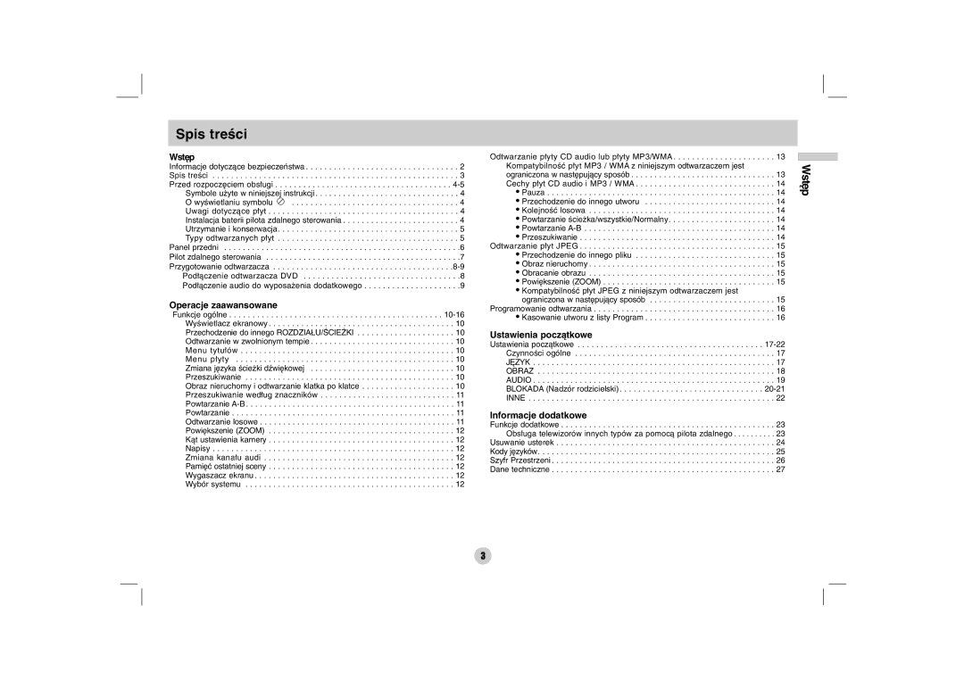 LG Electronics DZ9500 owner manual Spis treści, Wstęp 