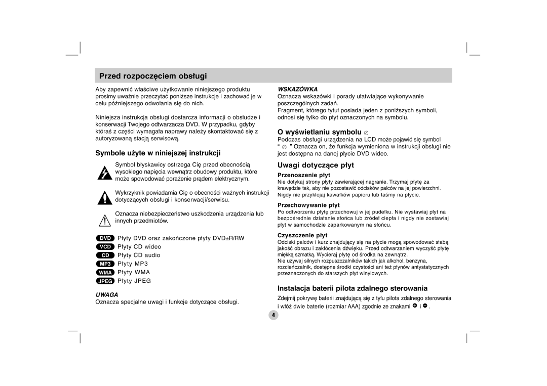 LG Electronics DZ9500 owner manual Przed rozpoczęciem obsługi, Przenoszenie płyt, Przechowywanie płyt, Czyszczenie płyt 