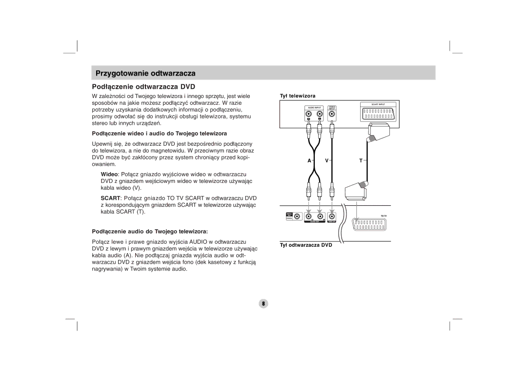 LG Electronics DZ9500 owner manual Przygotowanie odtwarzacza, Podłączenie wideo i audio do Twojego telewizora 