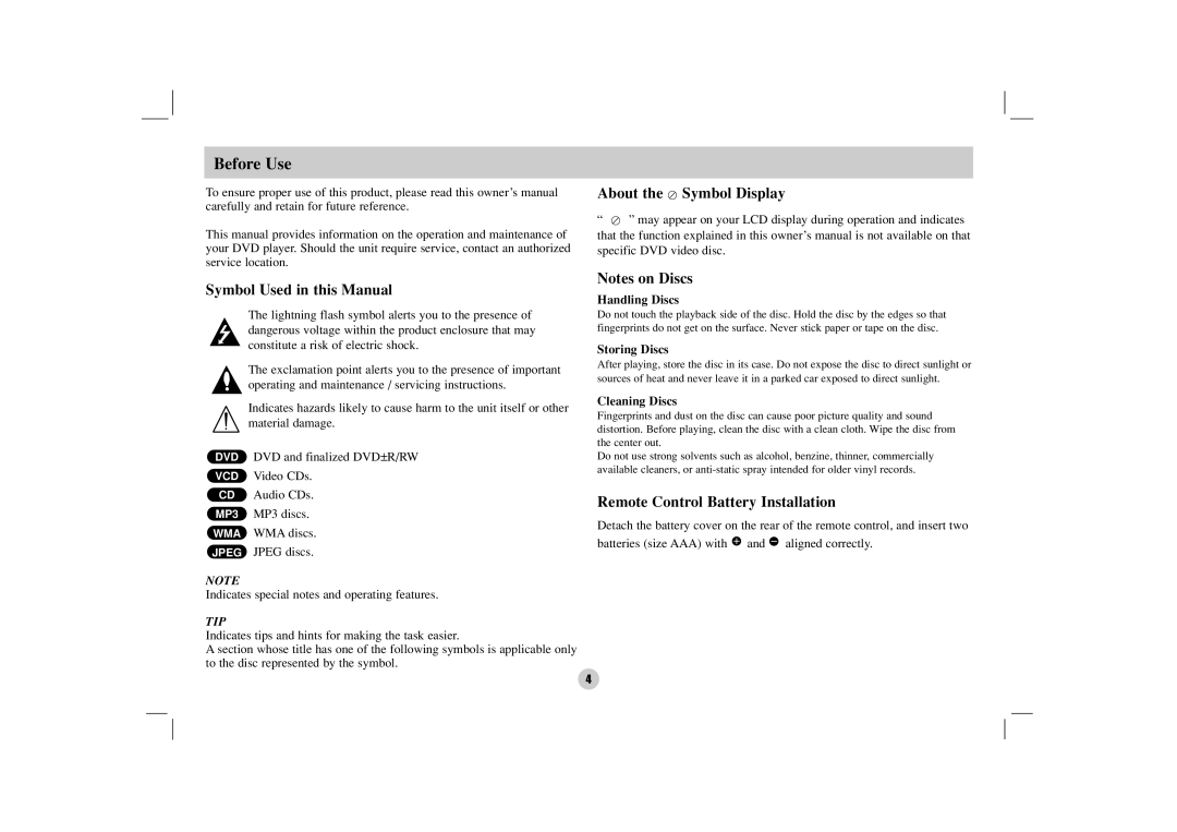 LG Electronics DZ9500 owner manual Before Use, Handling Discs, Storing Discs, Cleaning Discs 