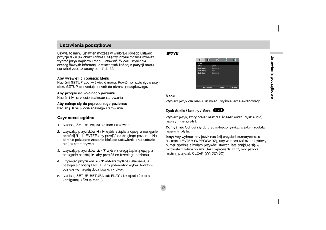 LG Electronics DZ9500 owner manual Ustawienia początkowe 