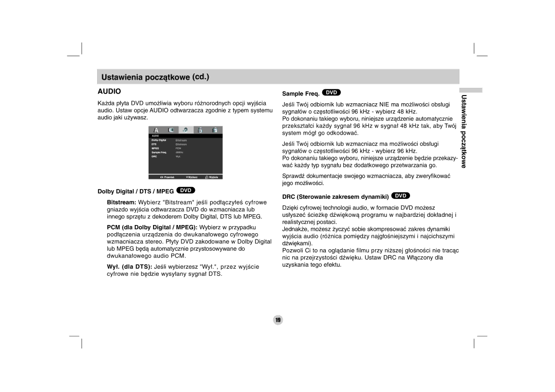 LG Electronics DZ9500 owner manual Dolby Digital / DTS / Mpeg DVD, Sample Freq. DVD, DRC Sterowanie zakresem dynamiki DVD 