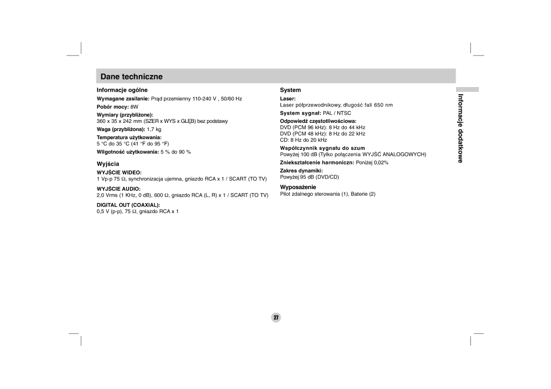 LG Electronics DZ9500 owner manual Dane techniczne, Informacje ogólne, Wyjścia, System, Wyposażenie 