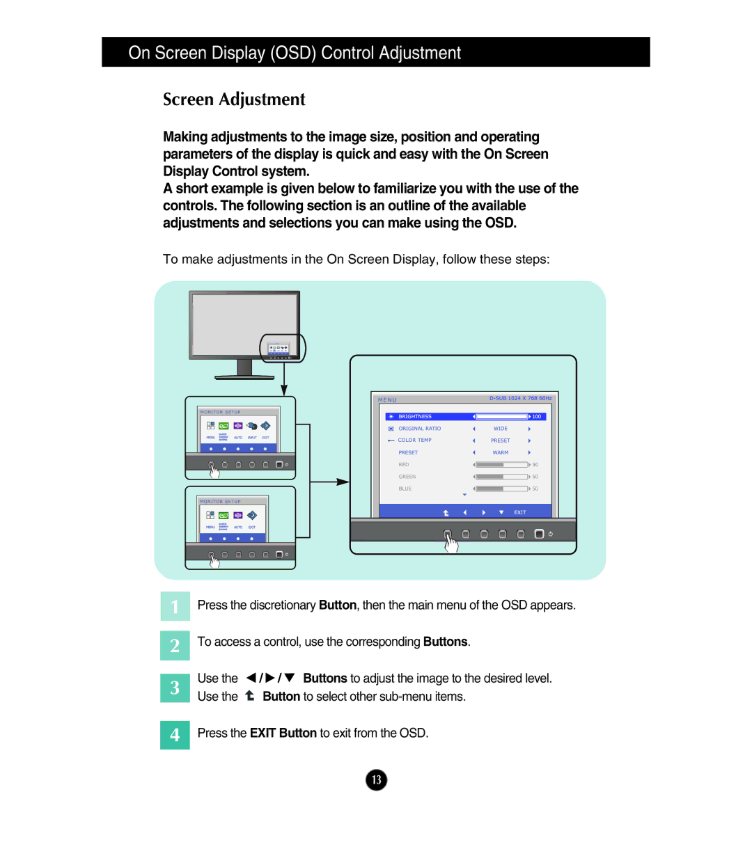 LG Electronics E2211S, E1911S, E1911T, E2411T, E2211T owner manual On Screen Display OSD Control Adjustment, Screen Adjustment 