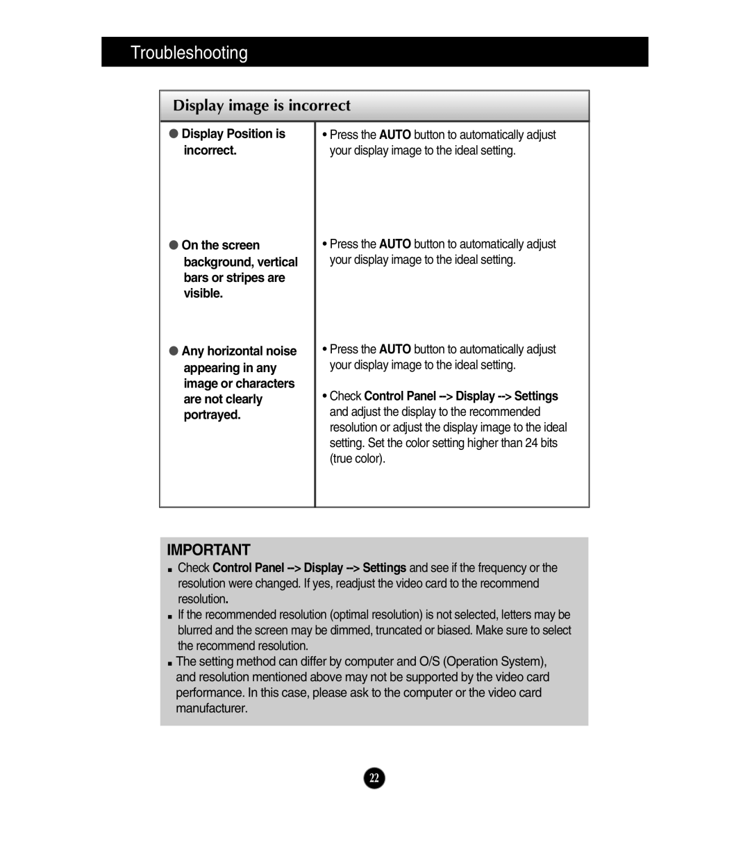 LG Electronics E2211T, E1911S, E1911T, E2411T, E2211S owner manual Display image is incorrect 