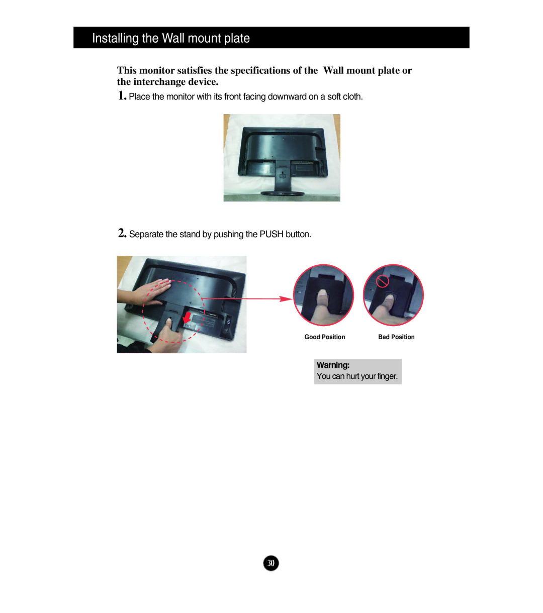 LG Electronics E1911T, E1911S, E2411T, E2211T, E2211S owner manual Installing the Wall mount plate 