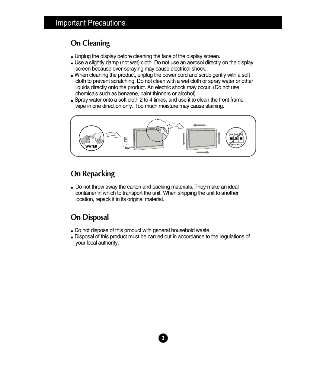 LG Electronics E2211S, E1911S, E1911T, E2411T, E2211T owner manual On Cleaning, On Repacking, On Disposal 