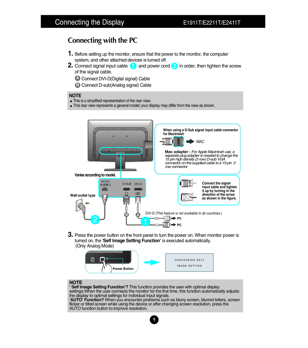 LG Electronics E1911S, E1911T, E2411T, E2211T, E2211S owner manual Connecting with the PC, Varies according to model 