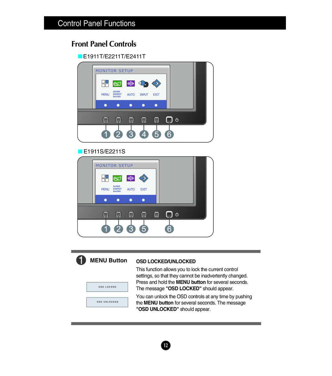 LG Electronics E2211T, E1911S, E1911T, E2411T Control Panel Functions, Front Panel Controls, Menu Button OSD LOCKED/UNLOCKED 