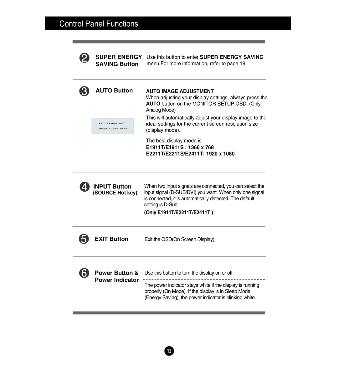 LG Electronics owner manual E1911T/E1911S 1366 x, E2211T/E2211S/E2411T 1920 x, Source Hot key, Only E1911T/E2211T/E2411T 