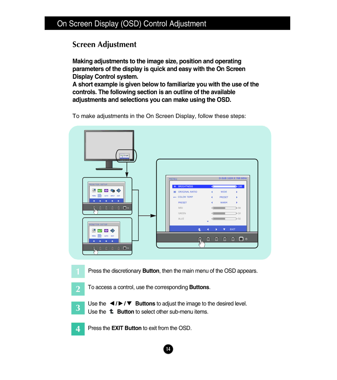 LG Electronics E1911S, E1911T, E2411T, E2211T, E2211S owner manual On Screen Display OSD Control Adjustment, Screen Adjustment 