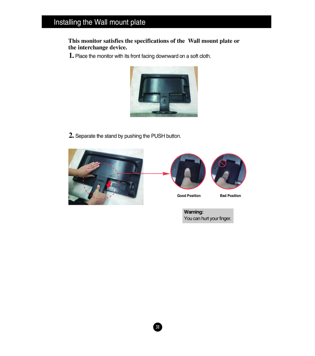 LG Electronics E2411T, E1911S, E1911T, E2211T, E2211S owner manual Installing the Wall mount plate 