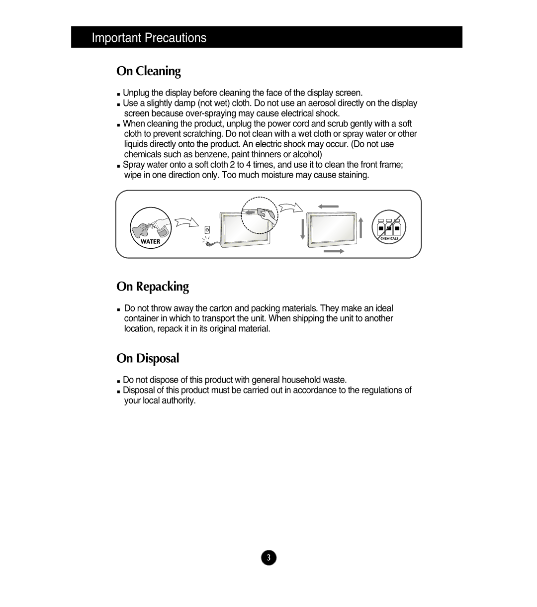 LG Electronics E2211S, E1911S, E1911T, E2411T, E2211T owner manual On Cleaning, On Repacking, On Disposal 