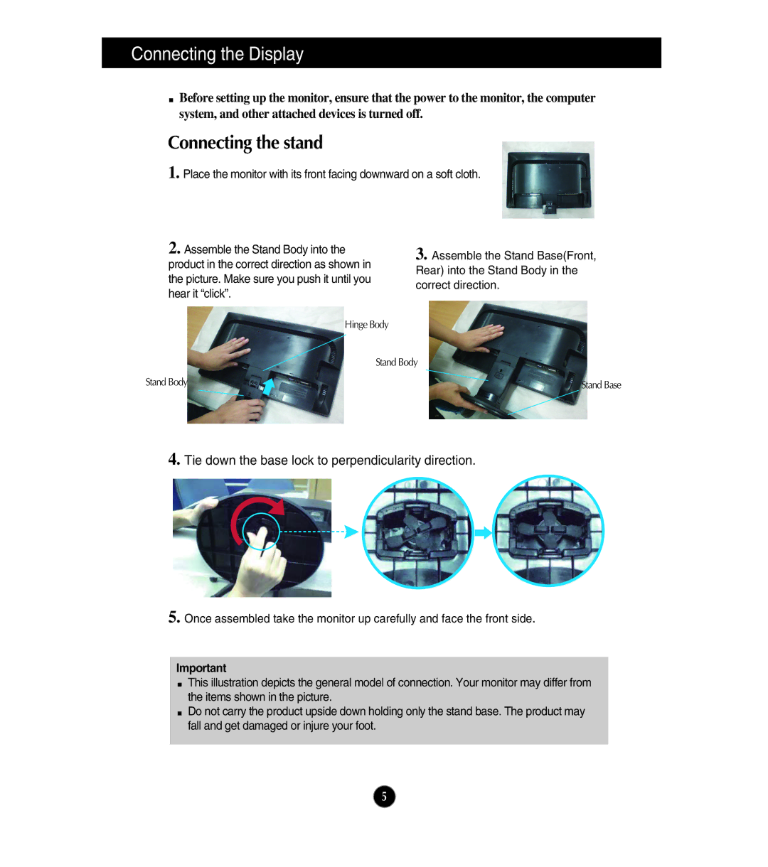 LG Electronics E1911T, E1911S, E2411T, E2211T, E2211S owner manual Connecting the Display, Connecting the stand 