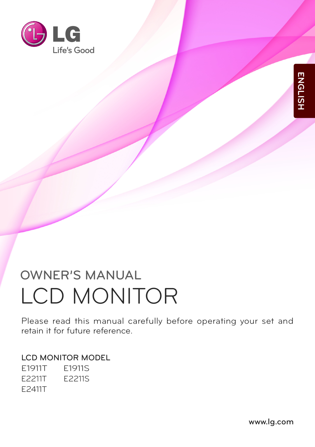 LG Electronics E1911T, E1911S, E2411T, E2211T, E2211S owner manual Lcd Monitor, Owner’S Manual, English 