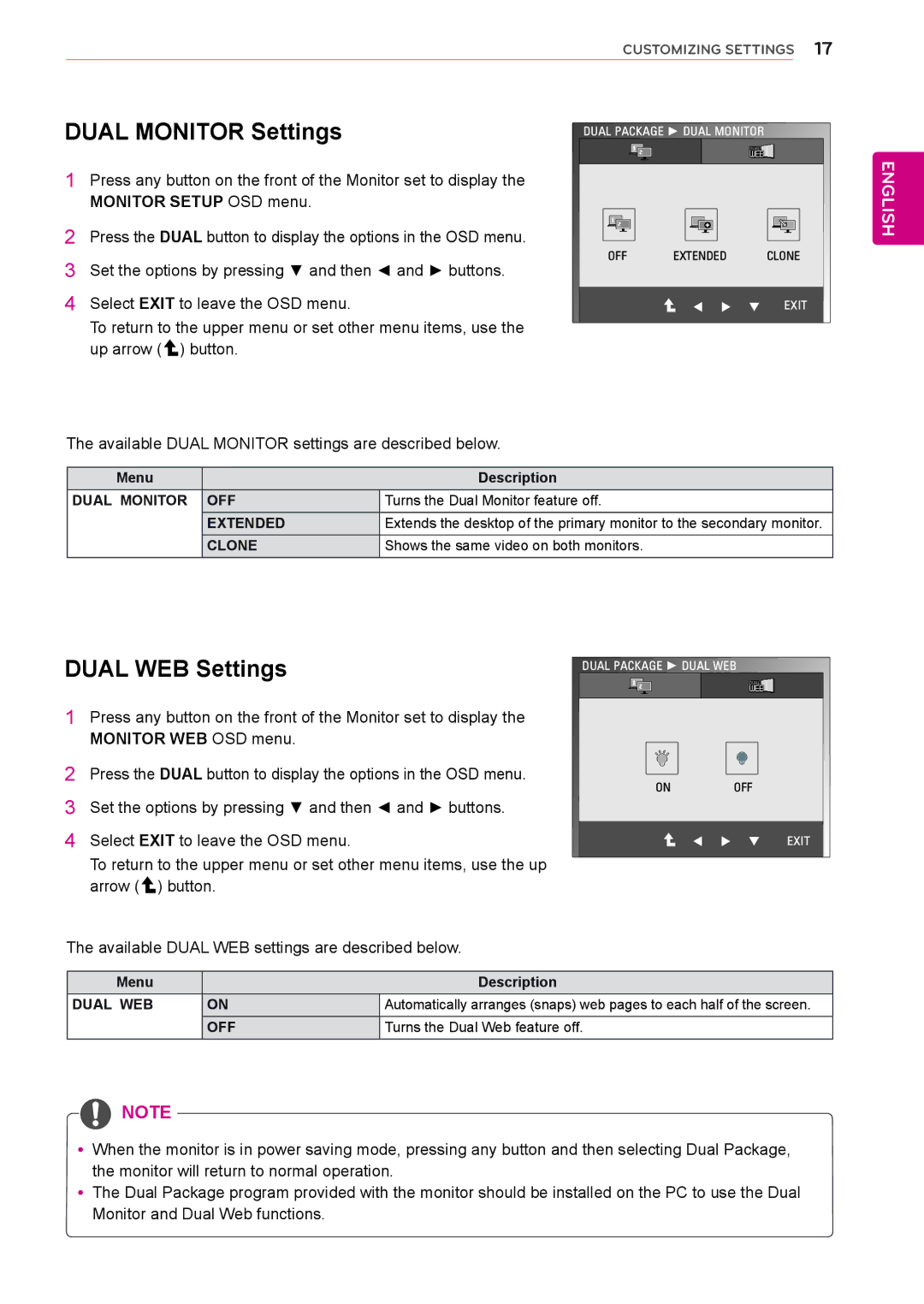 LG Electronics E2351VQ, E1951T, E1951S, E2051S, E2051T Dual WEB Settings, Available Dual Monitor settings are described below 