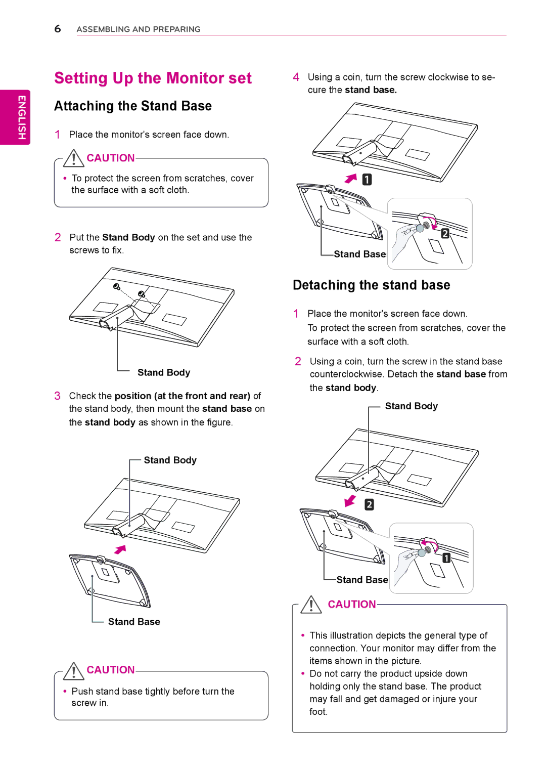 LG Electronics E2351VQ Setting Up the Monitor set, Attaching the Stand Base, Detaching the stand base, Cure the stand base 