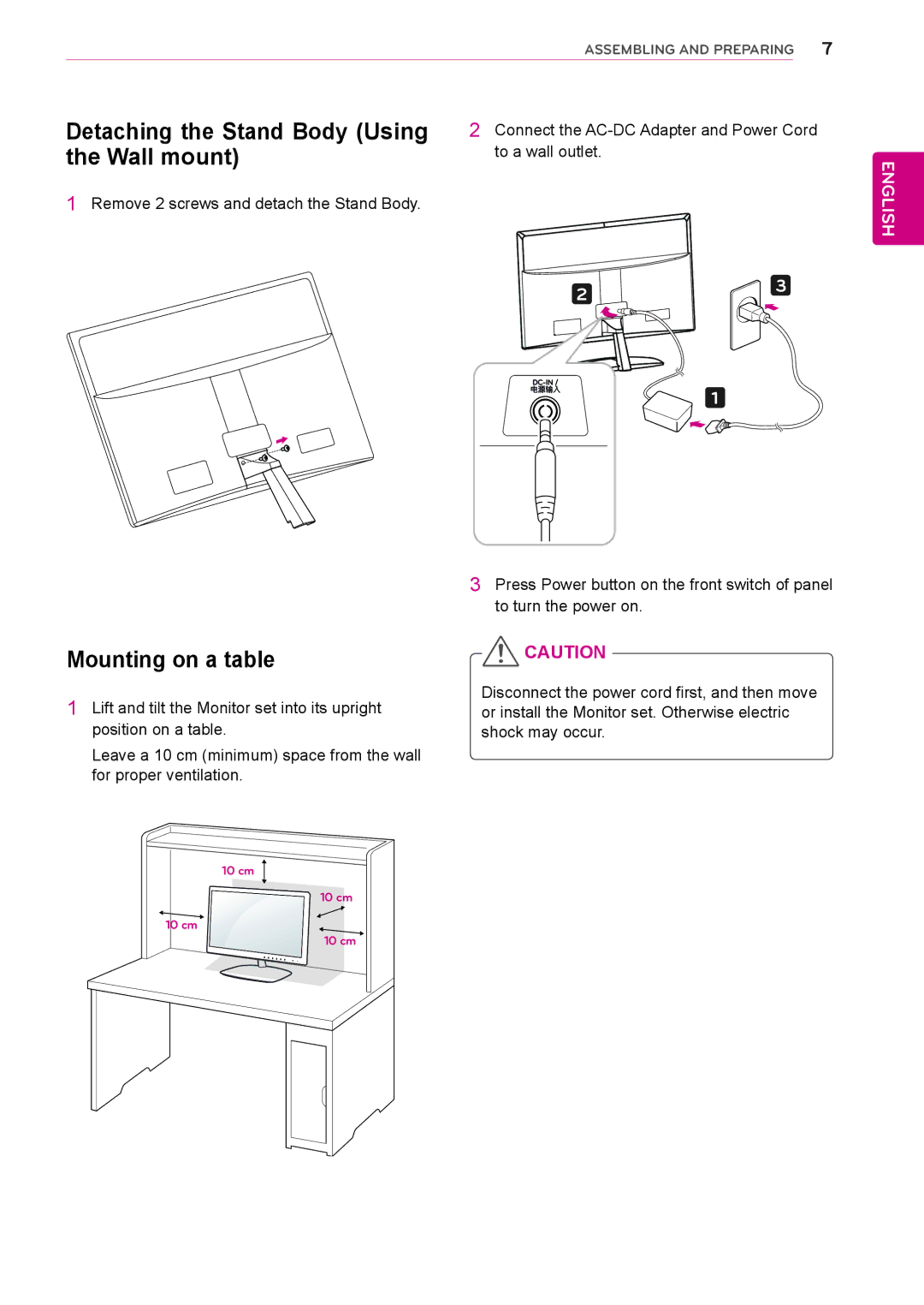 LG Electronics E2251T, E1951T, E1951S, E2051S, E2051T, E2351VR Detaching the Stand Body Using, Wall mount, Mounting on a table 