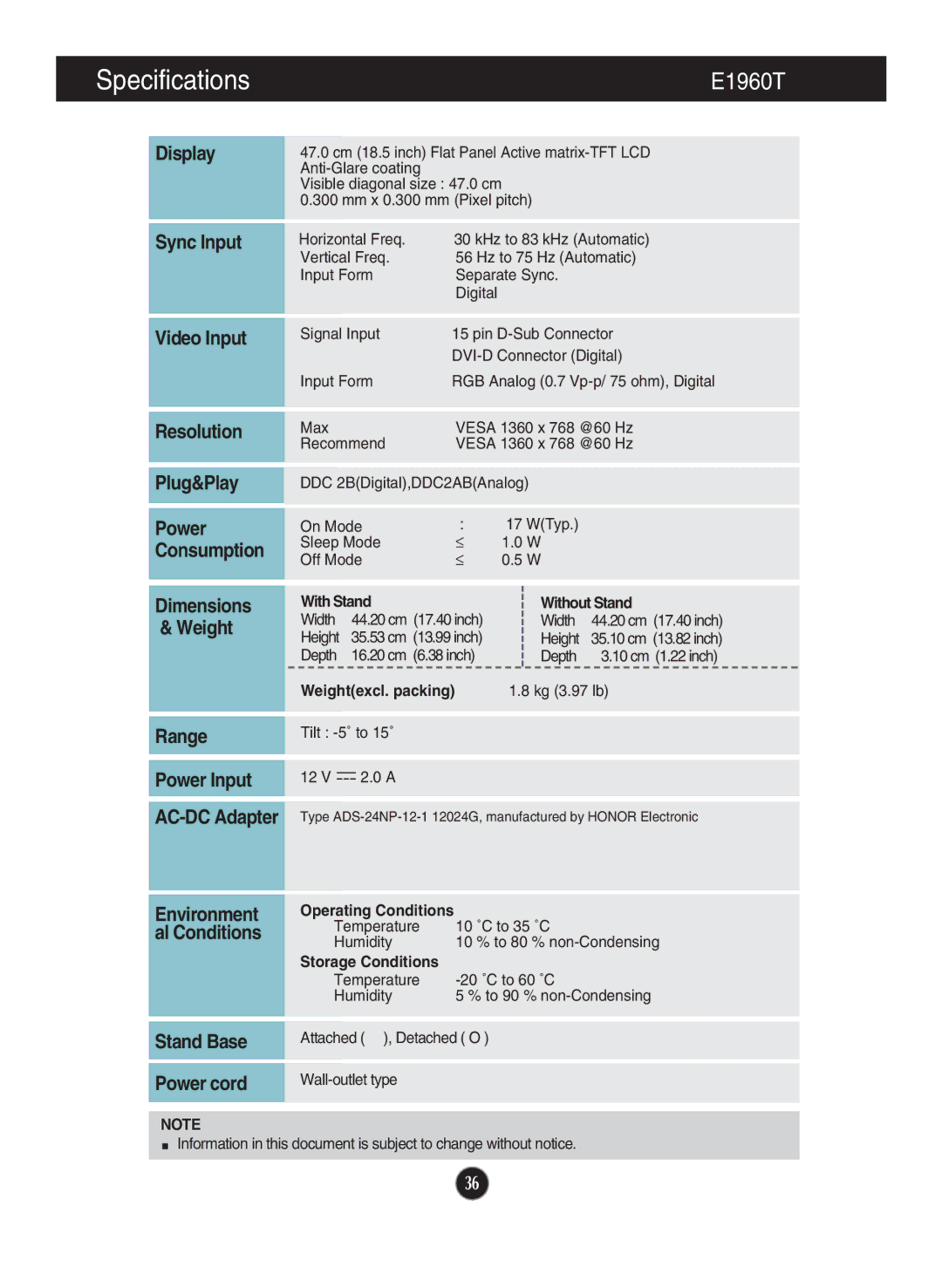 LG Electronics E2260S, E2060S, E2060T, E1960S, E2360T, E2360V, E2360S, E2260T, E2260V owner manual E1960T 