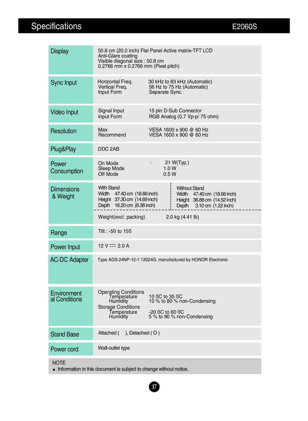 LG Electronics E2260T, E1960T, E2060T, E1960S, E2360T, E2360V, E2360S, E2260S, E2260V owner manual E2060S 