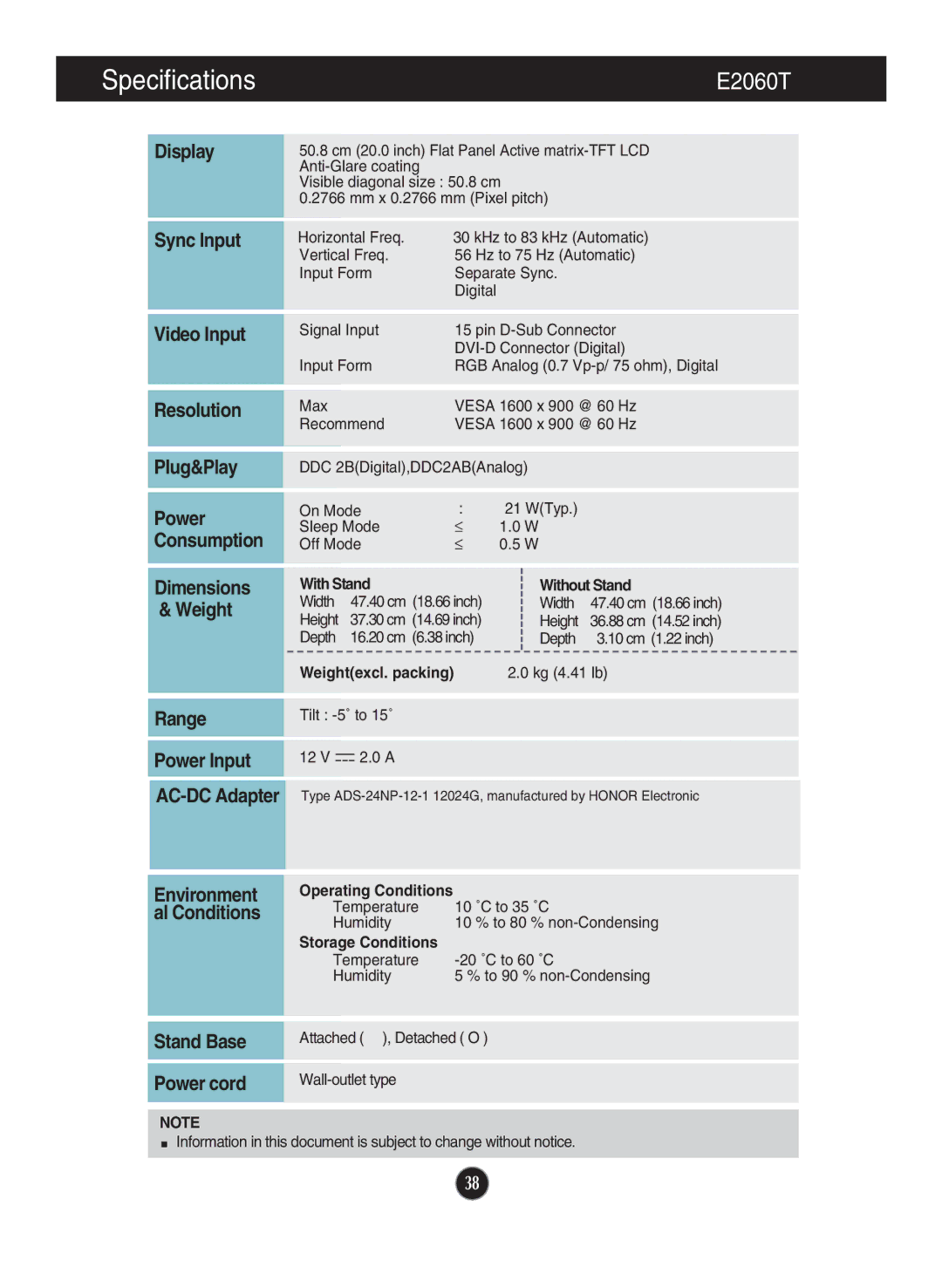 LG Electronics E2260V, E1960T, E2060S, E1960S, E2360T, E2360V, E2360S, E2260S, E2260T owner manual E2060T 