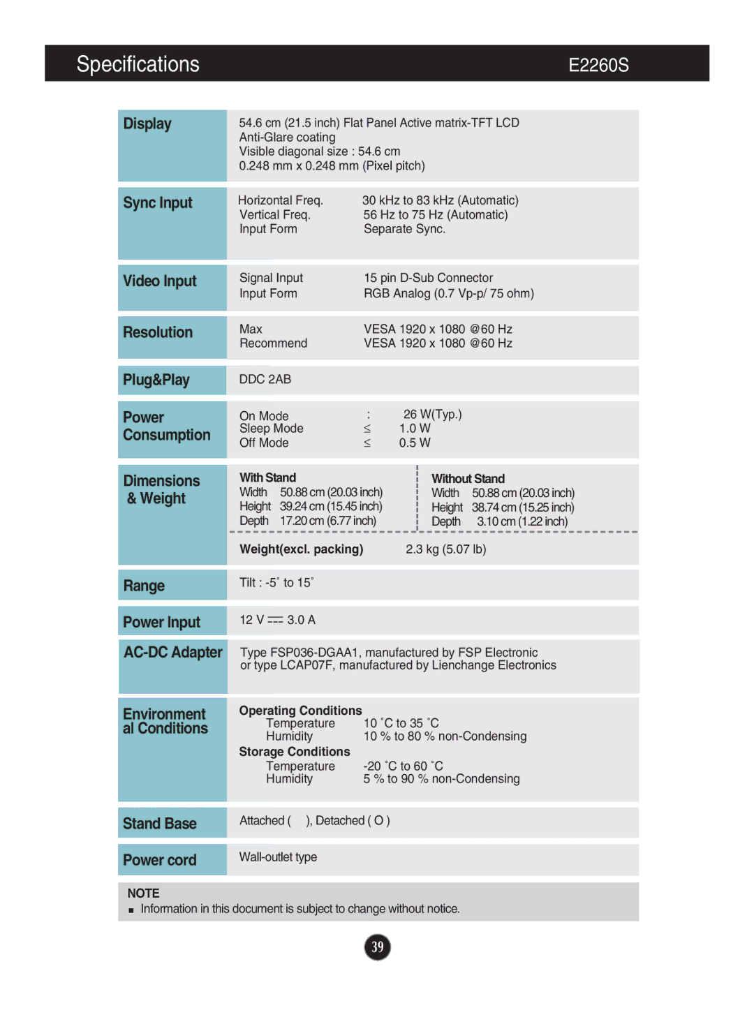 LG Electronics E1960T, E2060S, E2060T, E1960S, E2360T, E2360V, E2360S, E2260T, E2260V owner manual E2260S, Display 