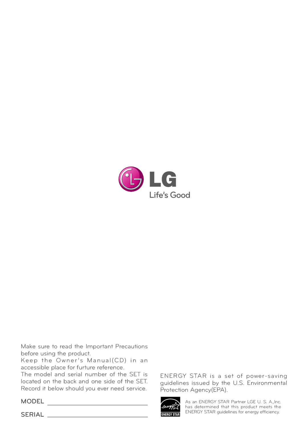 LG Electronics E2260T, E1960T, E2060S, E2060T, E1960S, E2360T, E2360V, E2360S, E2260S, E2260V owner manual Model 