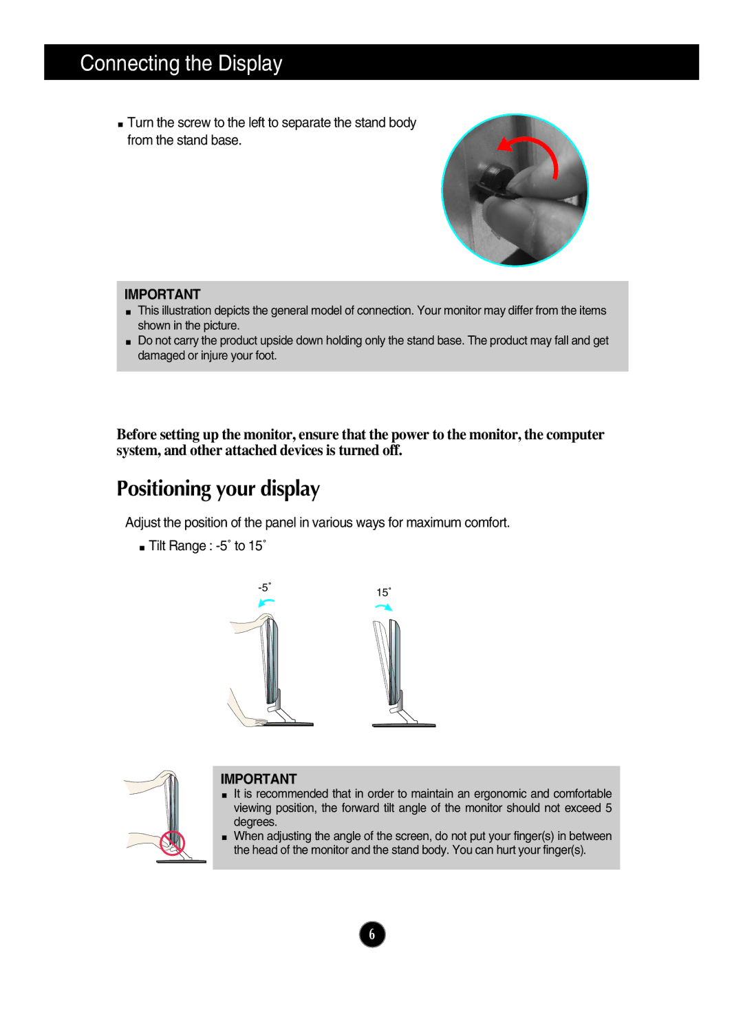 LG Electronics E2260S, E1960T, E2060S, E2060T, E1960S, E2360T, E2360V, E2360S, E2260T, E2260V owner manual Positioning your display 