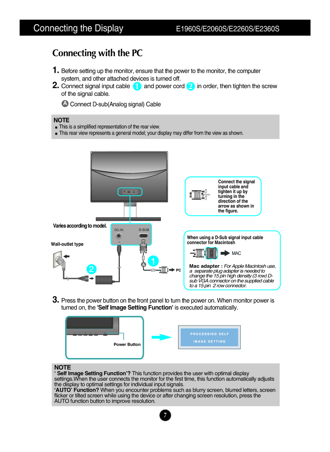 LG Electronics E2260T, E1960T, E2060S, E2060T, E1960S Connecting with the PC, Signal cable Connect D-subAnalog signal Cable 