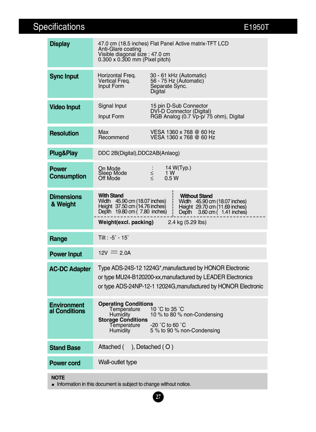 LG Electronics E2050T, E1950T, E2350T, E2250T manual Specifications 