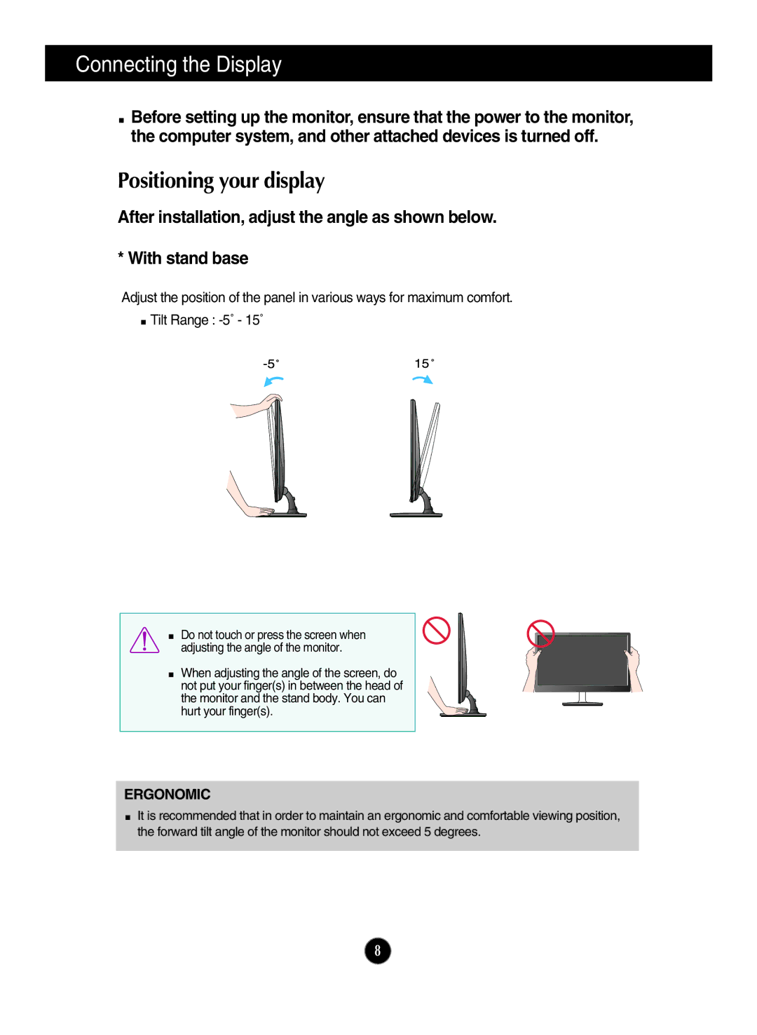 LG Electronics E1950T, E2050T, E2350T, E2250T manual Positioning your display, Ergonomic 