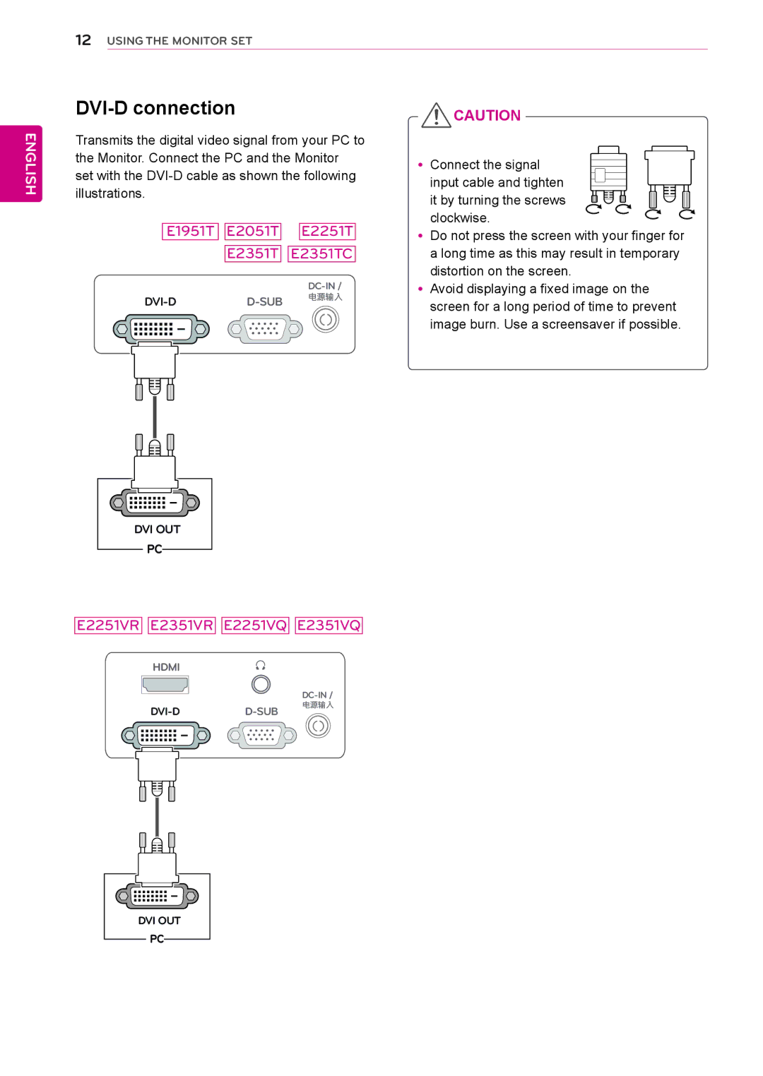 LG Electronics E2051C, E1951C, E2351TC, E2251C owner manual DVI-D connection, Dvi-D D-Sub, Dvi Out 