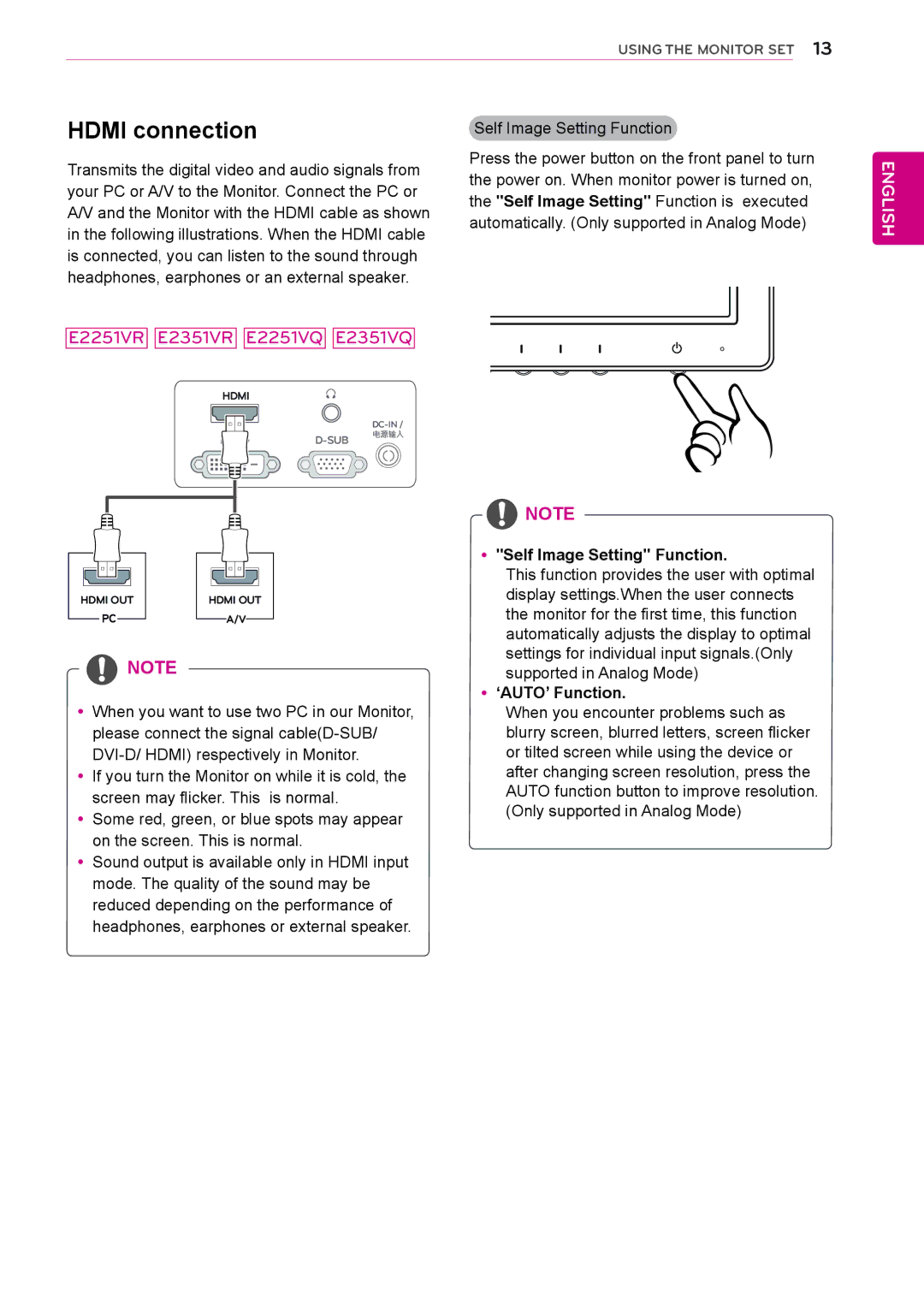 LG Electronics E1951C, E2051C, E2351TC, E2251C owner manual Hdmi connection, YySelf Image Setting Function, Yy‘AUTO’ Function 