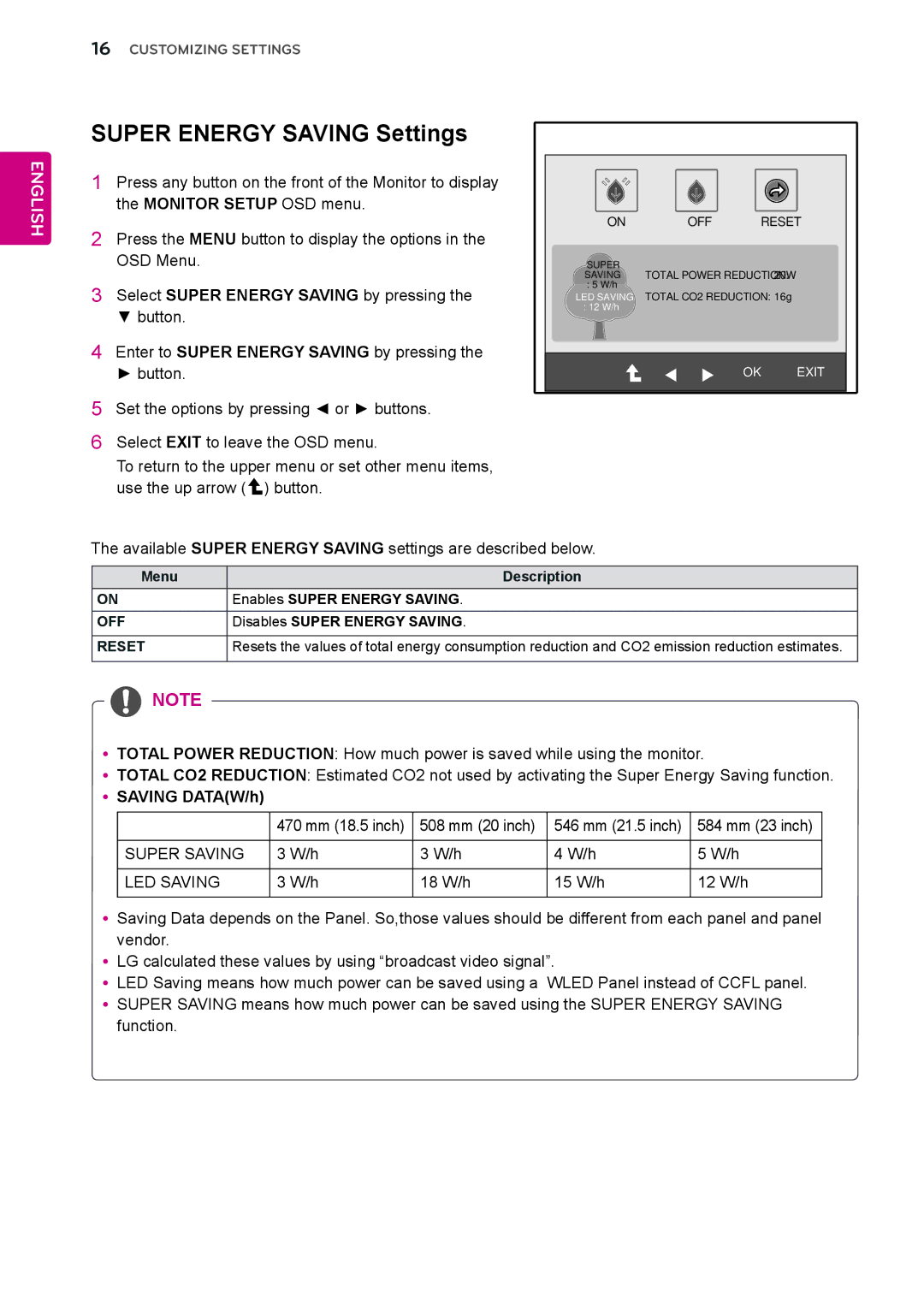 LG Electronics E2051C, E1951C, E2351TC, E2251C owner manual Super Energy Saving Settings, Function, Off, Reset 