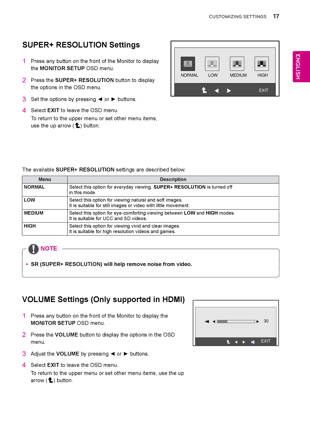 LG Electronics E1951C, E2051C, E2351TC, E2251C owner manual Volume Settings Only supported in Hdmi Volume 